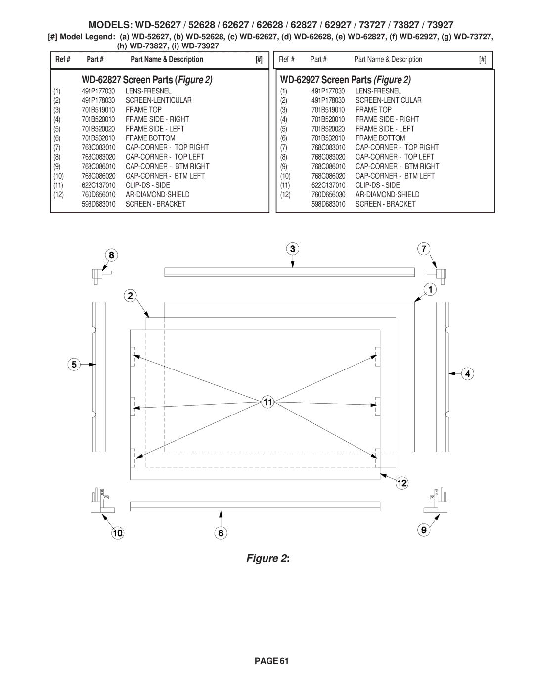 Mitsubishi Electronics V30+, V29 WD-62827 Screen Parts Figure, WD-62927 Screen Parts Figure, 598D683010 Screen Bracket 