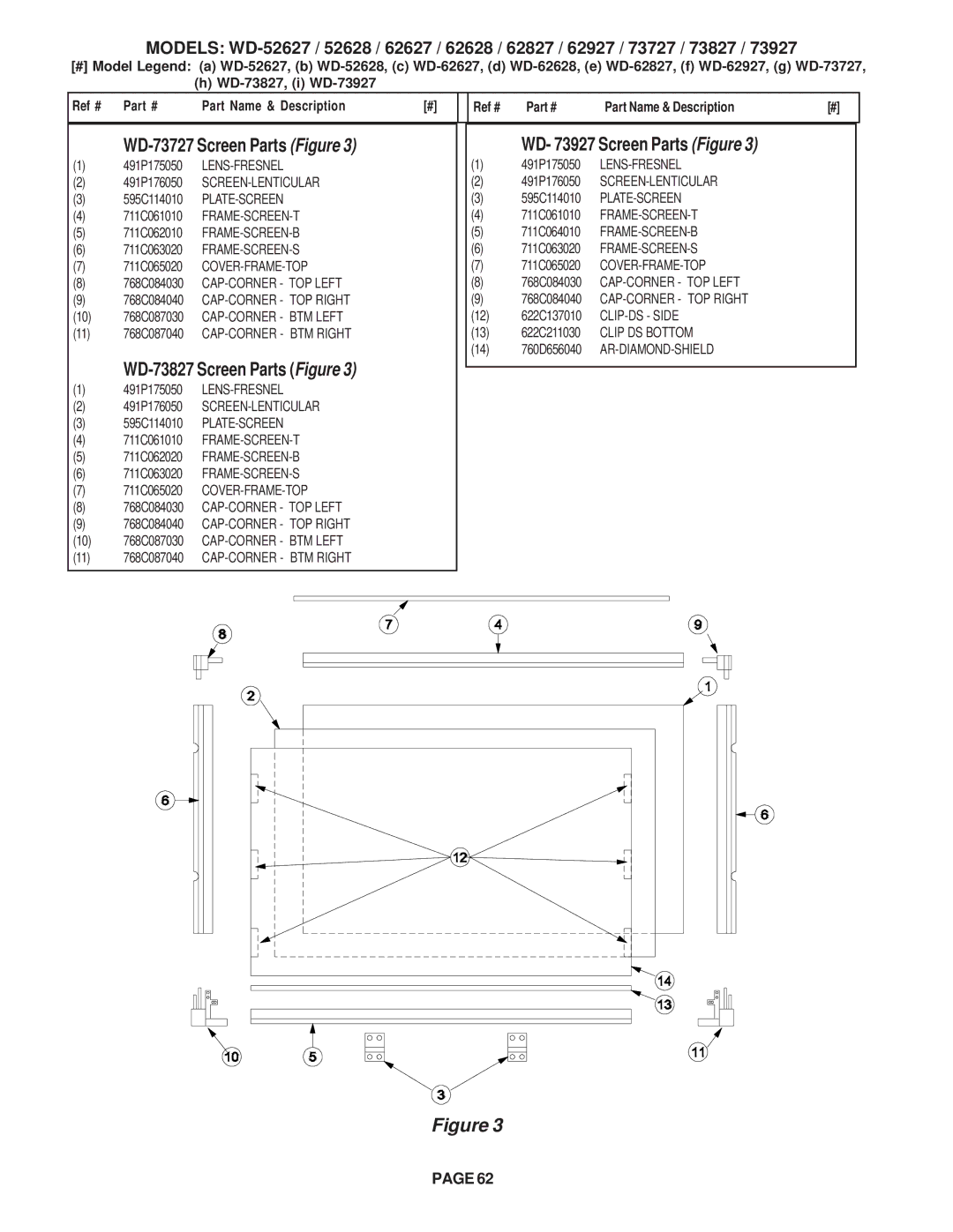 Mitsubishi Electronics V30+ WD-73727 Screen Parts Figure, WD-73827 Screen Parts Figure, 491P176050 SCREEN-LENTICULAR 