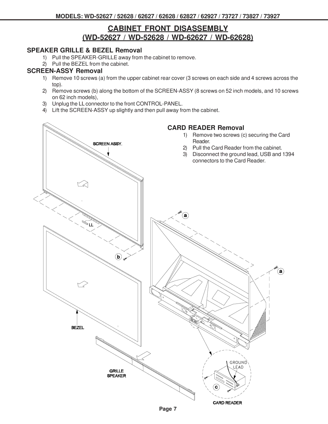 Mitsubishi Electronics V29 WD-52627 / WD-52628 / WD-62627 / WD-62628, Speaker Grille & Bezel Removal, SCREEN-ASSY Removal 