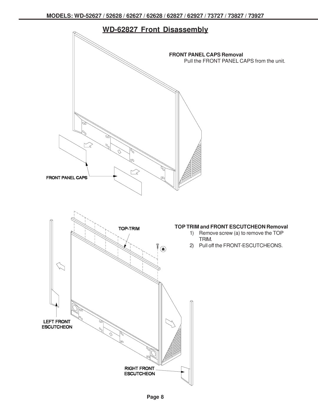 Mitsubishi Electronics V31 CHASSIS, V30+, V29 specifications WD-62827 Front Disassembly, Front Panel Caps Removal 