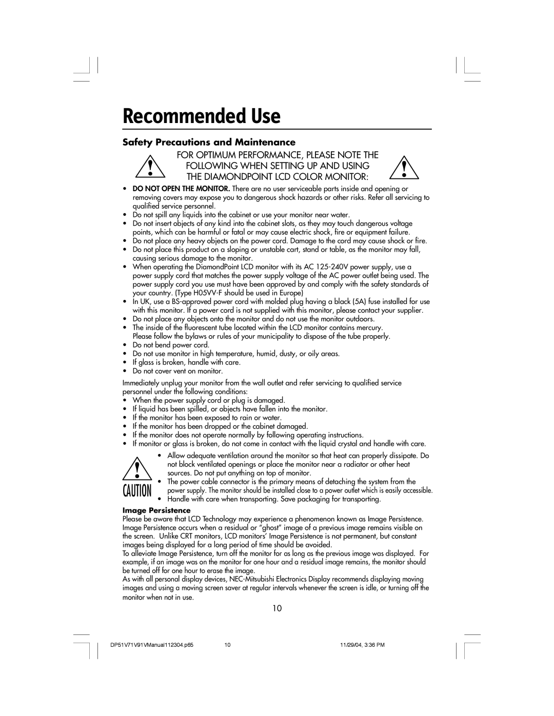 Mitsubishi Electronics V91LCD, V71LCD, V51LCD manual Recommended Use, Safety Precautions and Maintenance 