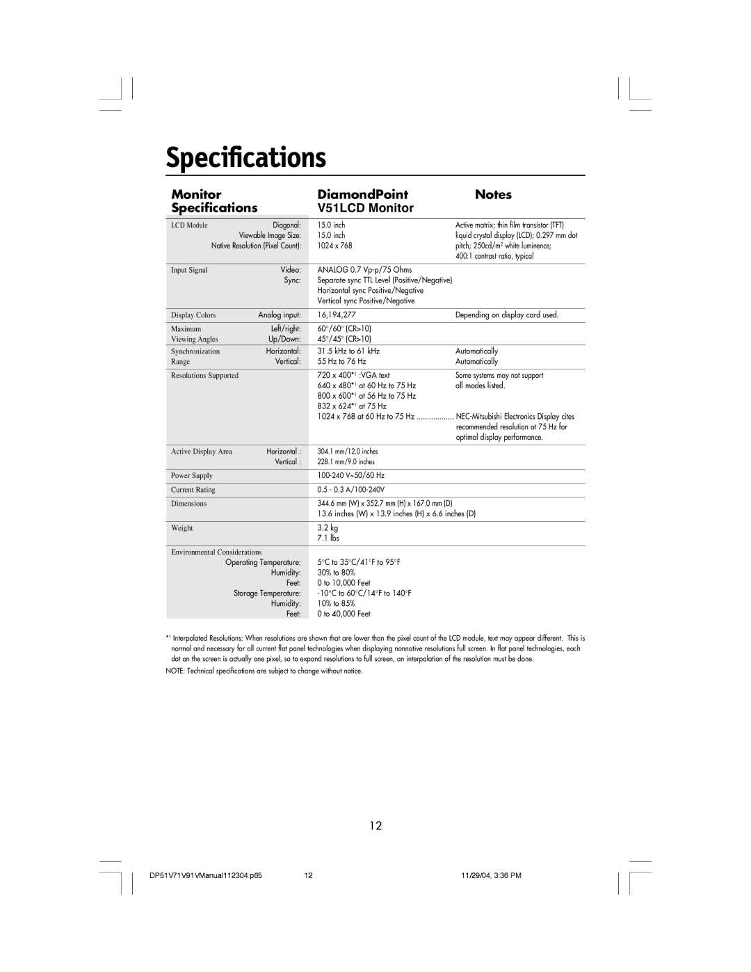 Mitsubishi Electronics V91LCD, V71LCD manual Monitor DiamondPoint Specifications V51LCD Monitor 