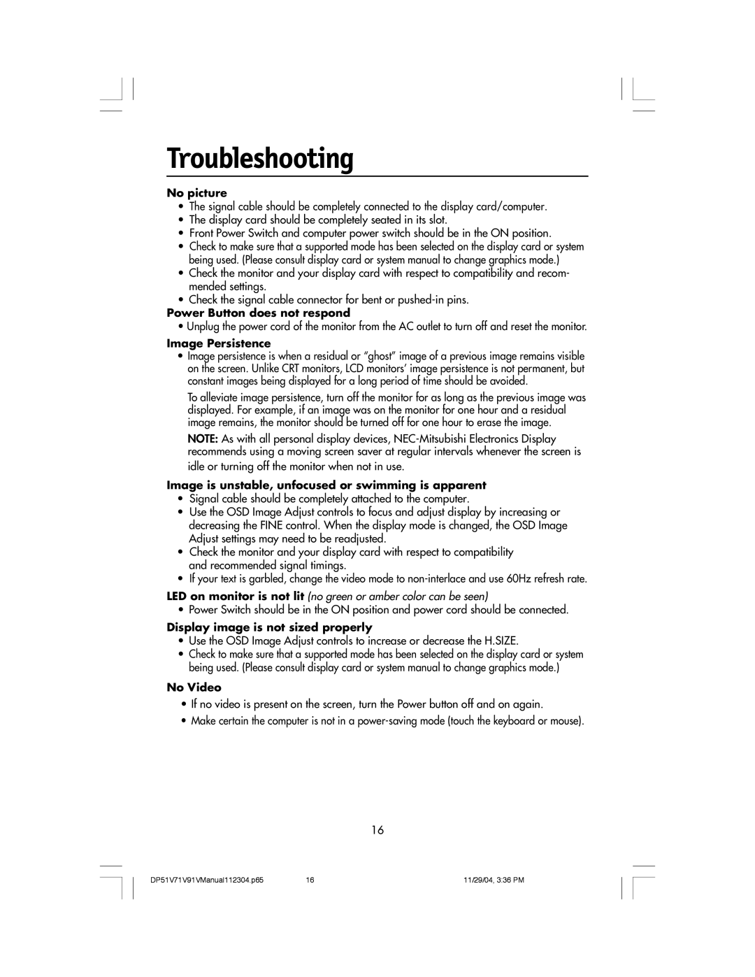 Mitsubishi Electronics V91LCD, V71LCD, V51LCD manual Troubleshooting, No picture 