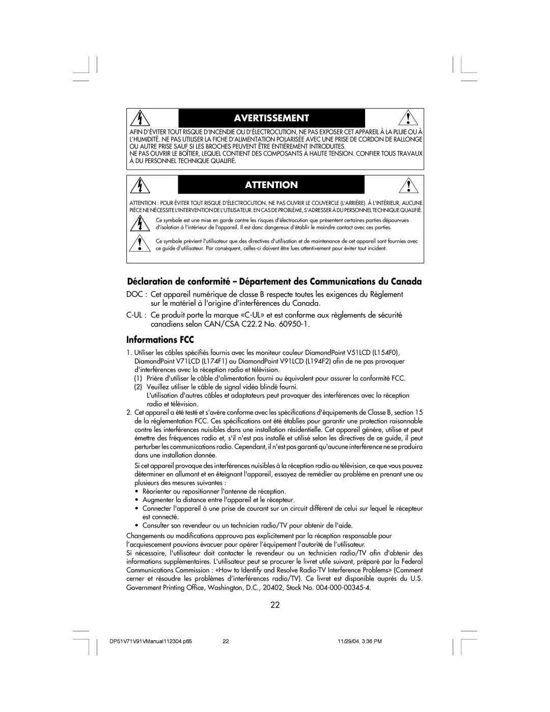 Mitsubishi Electronics V91LCD, V71LCD, V51LCD manual Avertissement, Informations FCC 