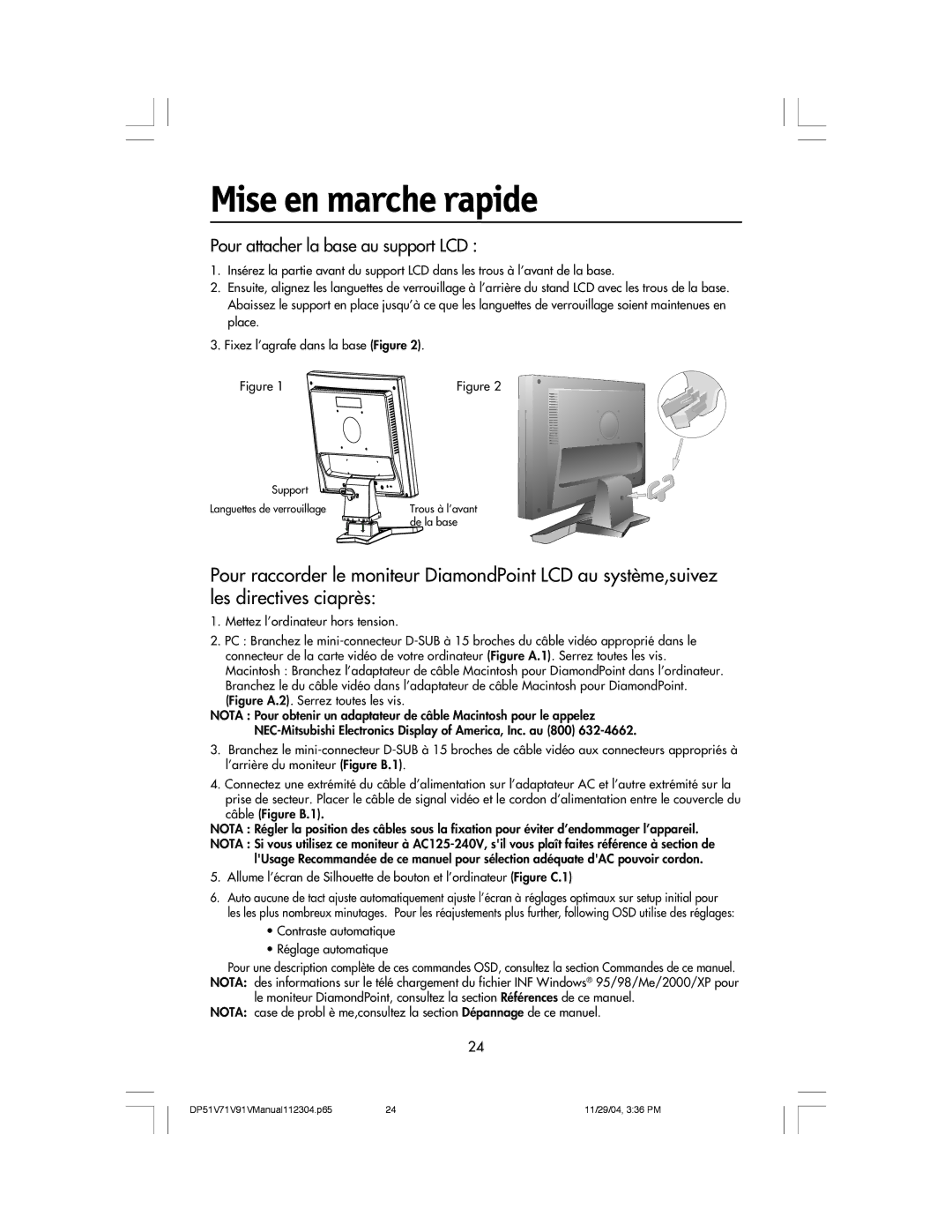 Mitsubishi Electronics V51LCD, V91LCD, V71LCD manual Mise en marche rapide, Pour attacher la base au support LCD 