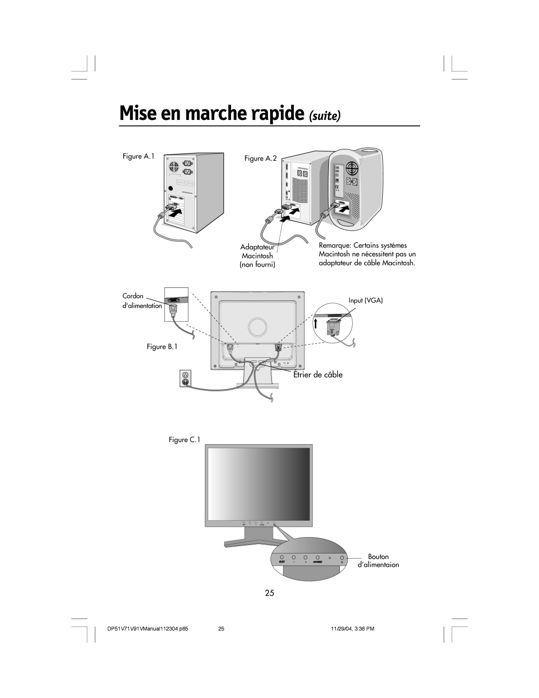 Mitsubishi Electronics V91LCD, V71LCD, V51LCD manual Mise en marche rapide suite, Figure A.2 Adaptateur Macintosh non fourni 