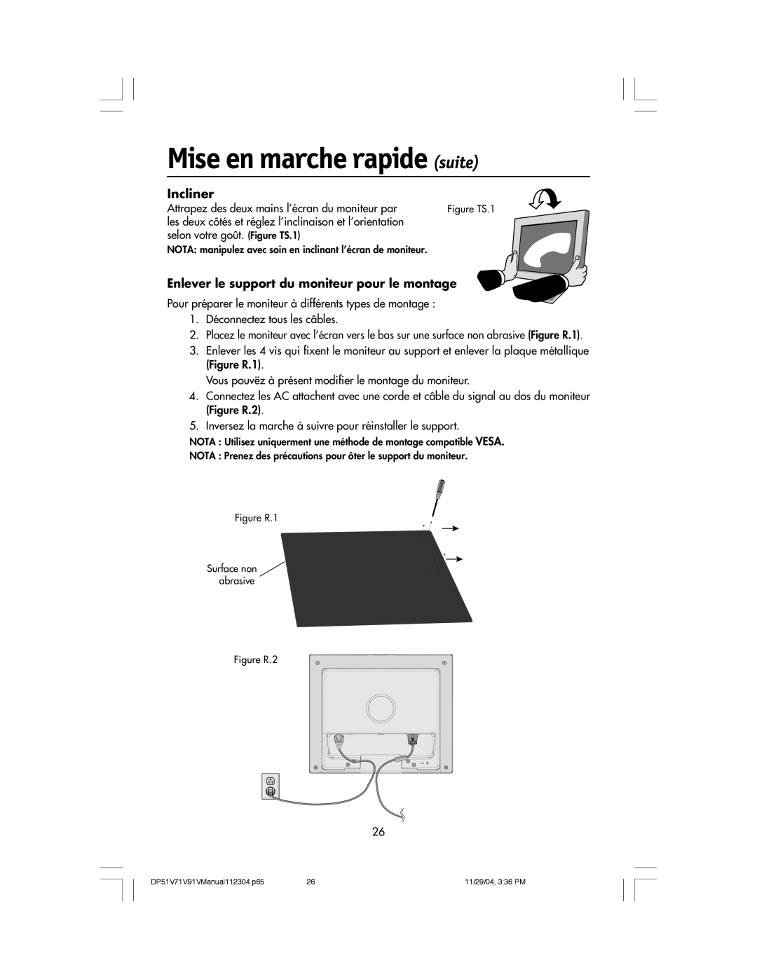 Mitsubishi Electronics V71LCD, V91LCD, V51LCD manual Incliner, Enlever le support du moniteur pour le montage 