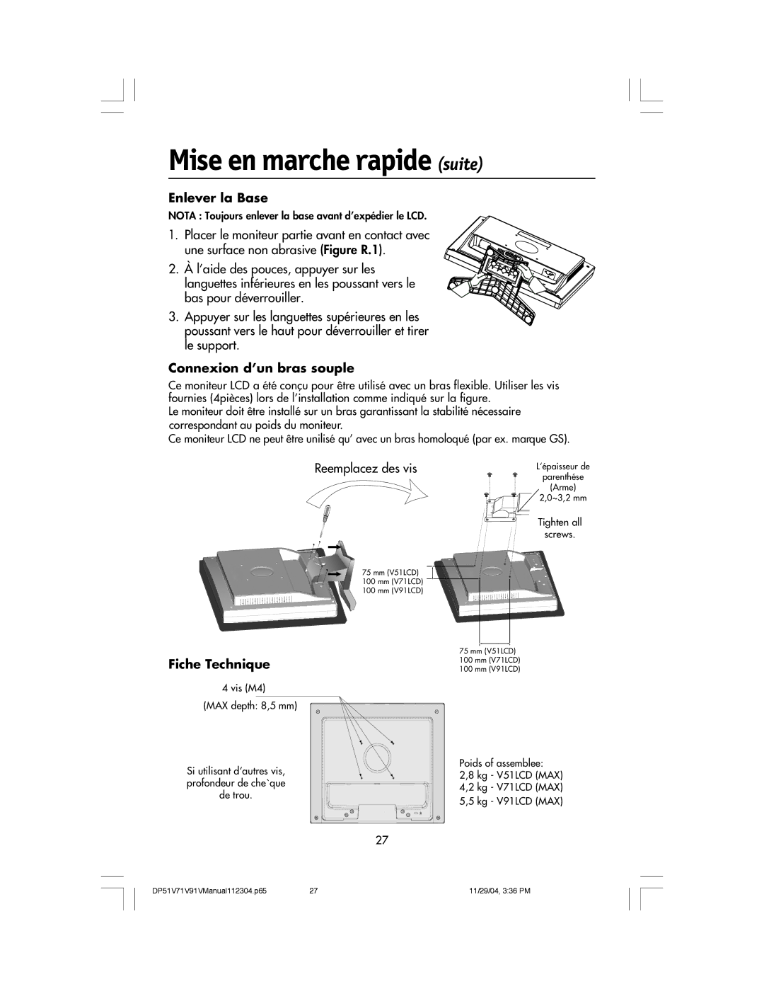 Mitsubishi Electronics V51LCD, V91LCD Enlever la Base, Connexion d’un bras souple, Fiche Technique, Reemplacez des vis 