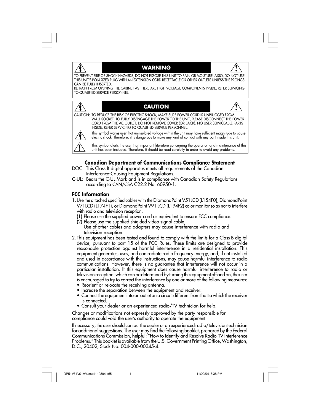 Mitsubishi Electronics V91LCD, V71LCD, V51LCD Canadian Department of Communications Compliance Statement, FCC Information 