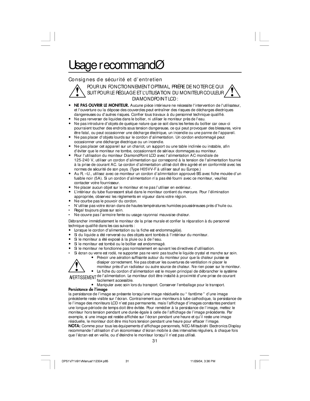 Mitsubishi Electronics V91LCD, V71LCD, V51LCD manual Usage recommandé, Consignes de sécurité et d’entretien 