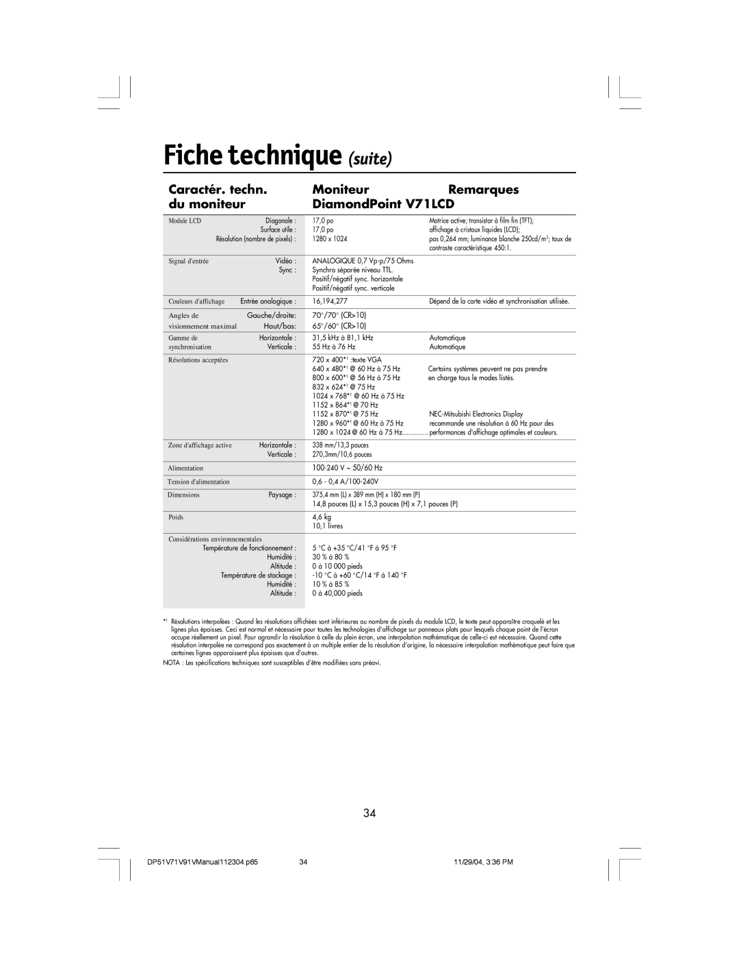 Mitsubishi Electronics V91LCD, V71LCD, V51LCD manual Fiche technique suite 