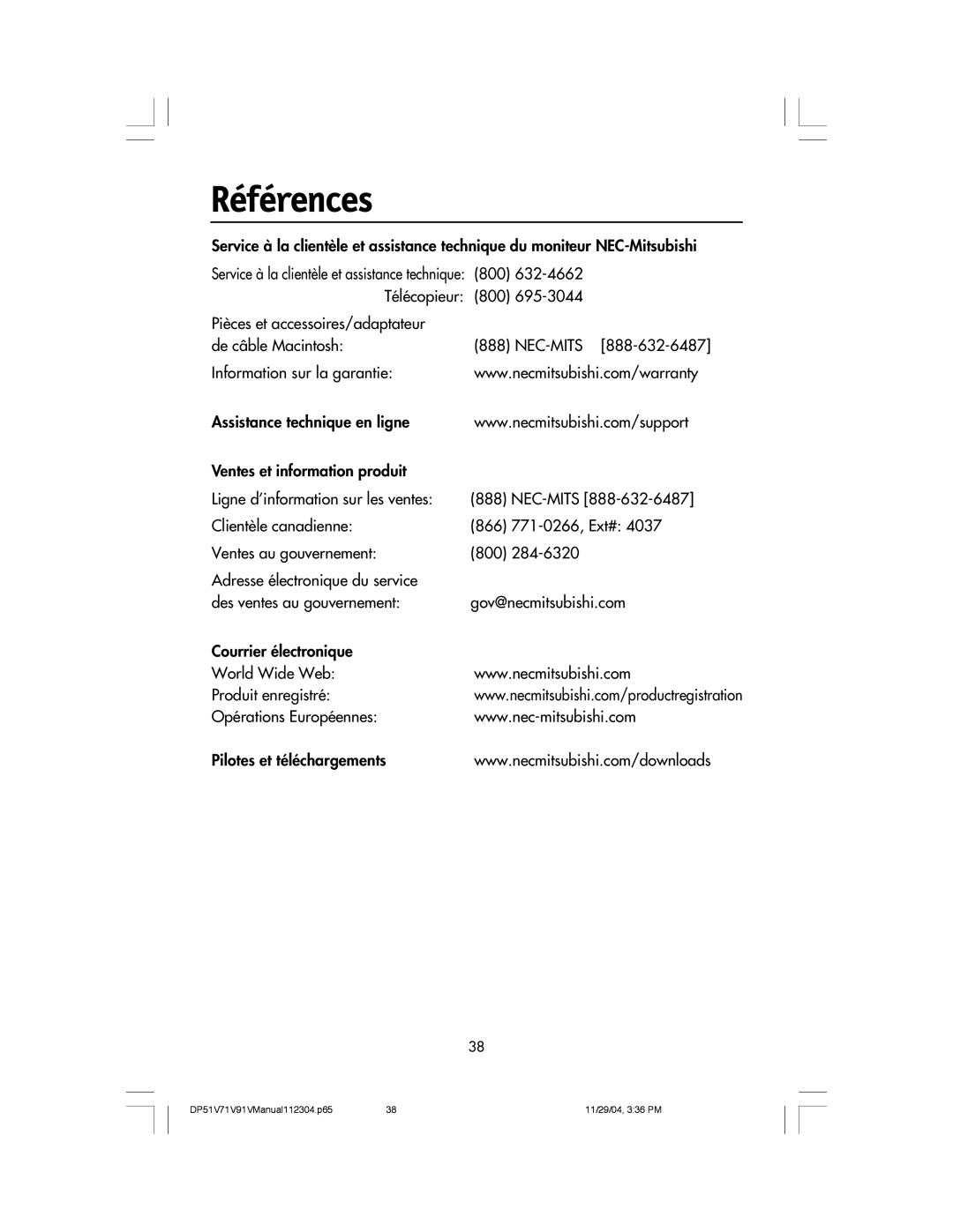 Mitsubishi Electronics V71LCD, V91LCD, V51LCD manual Références 