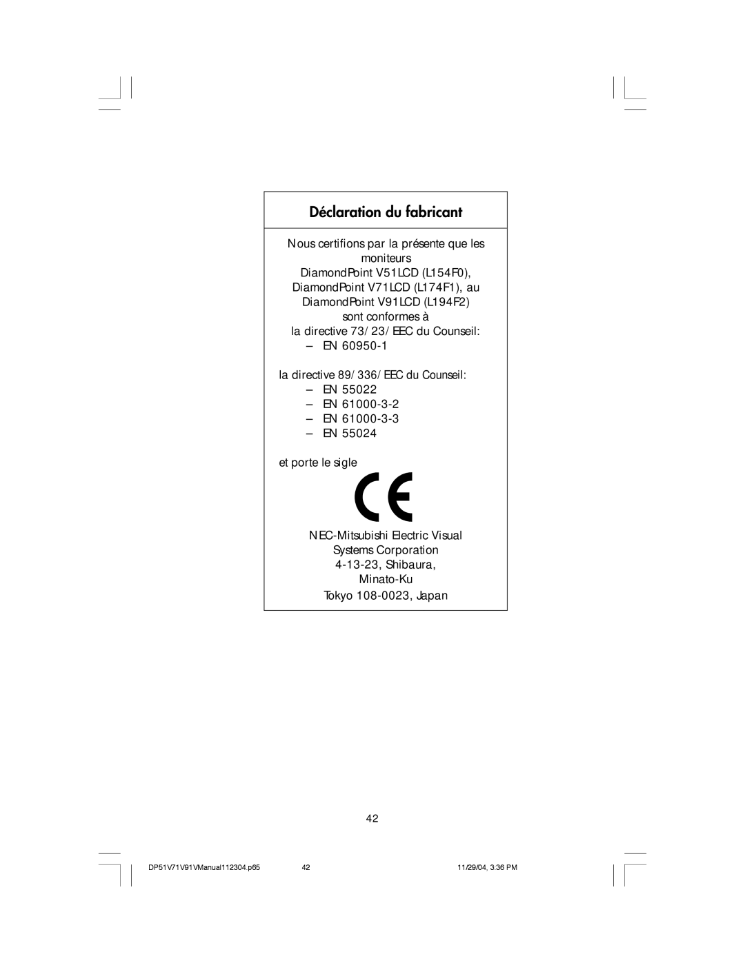 Mitsubishi Electronics V51LCD, V91LCD, V71LCD manual DŽclaration du fabricant 