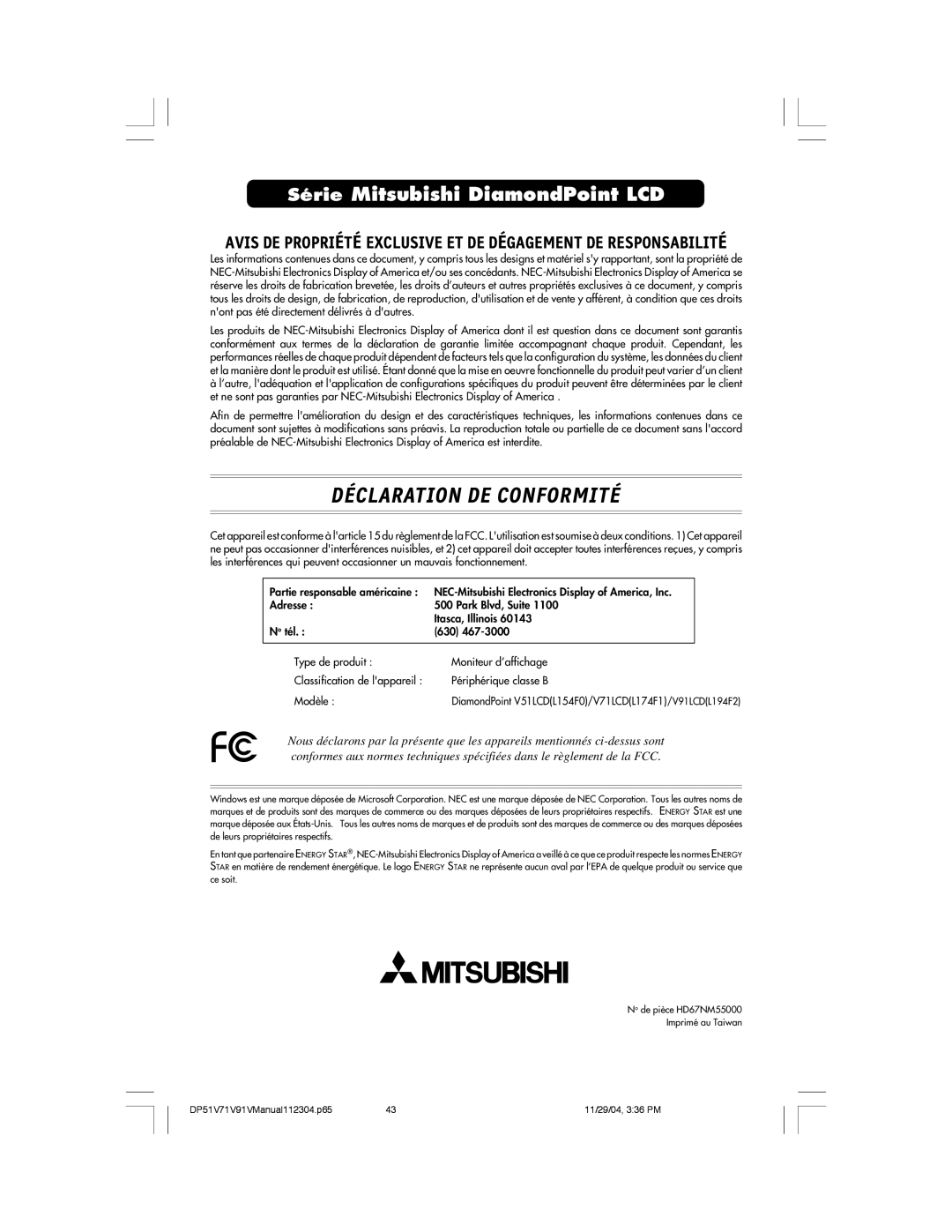 Mitsubishi Electronics V91LCD, V71LCD, V51LCD manual Déclaration DE Conformité 