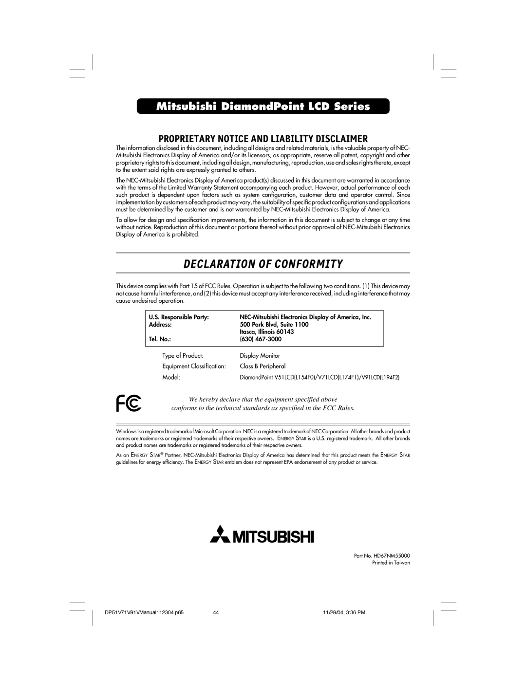 Mitsubishi Electronics V71LCD, V91LCD, V51LCD manual Declaration of Conformity 