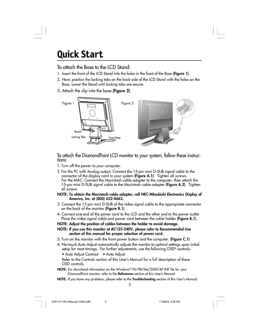 Mitsubishi Electronics V51LCD, V91LCD, V71LCD manual Quick Start, Attach the clip into the base Figure 