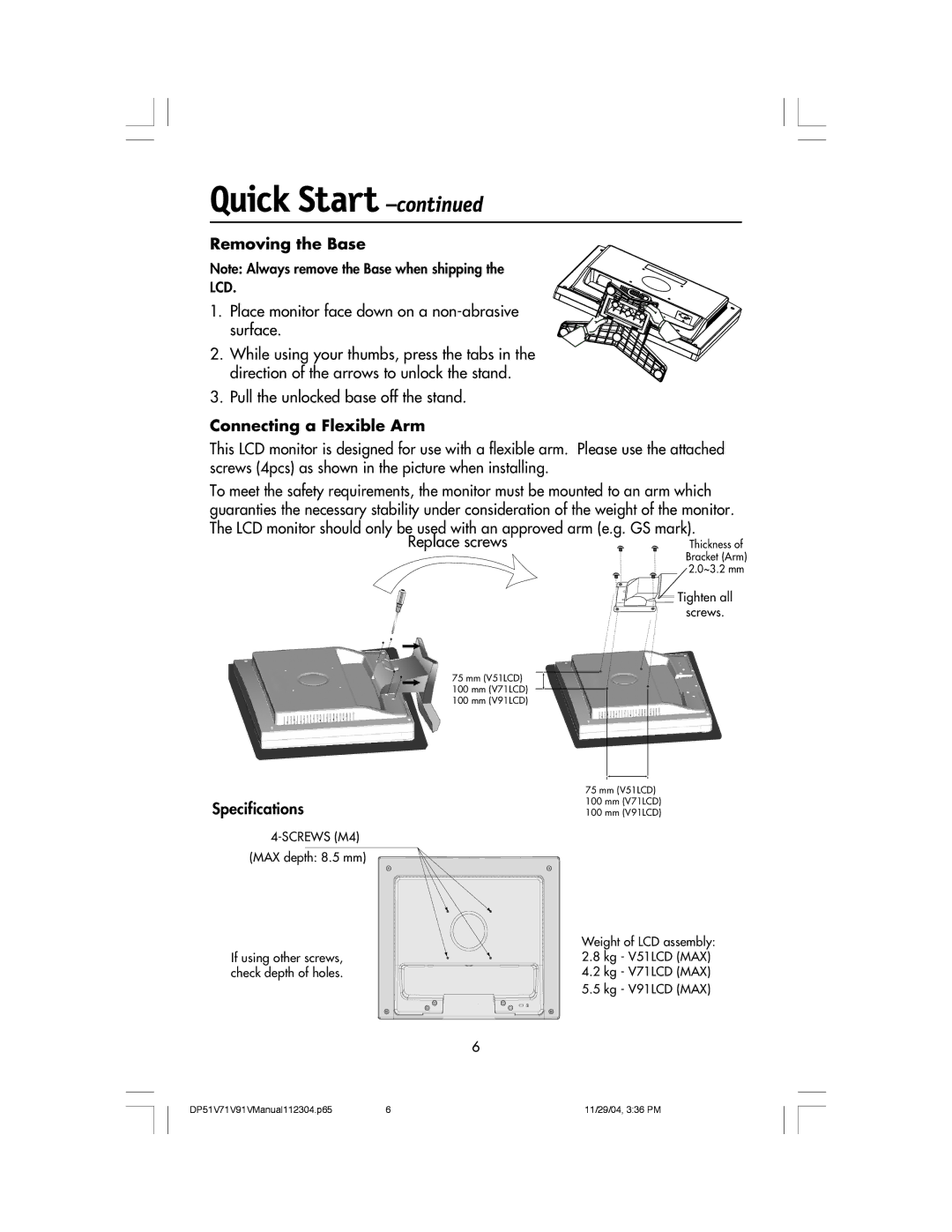 Mitsubishi Electronics V51LCD, V91LCD Removing the Base, Place monitor face down on a non-abrasive surface, Specifications 