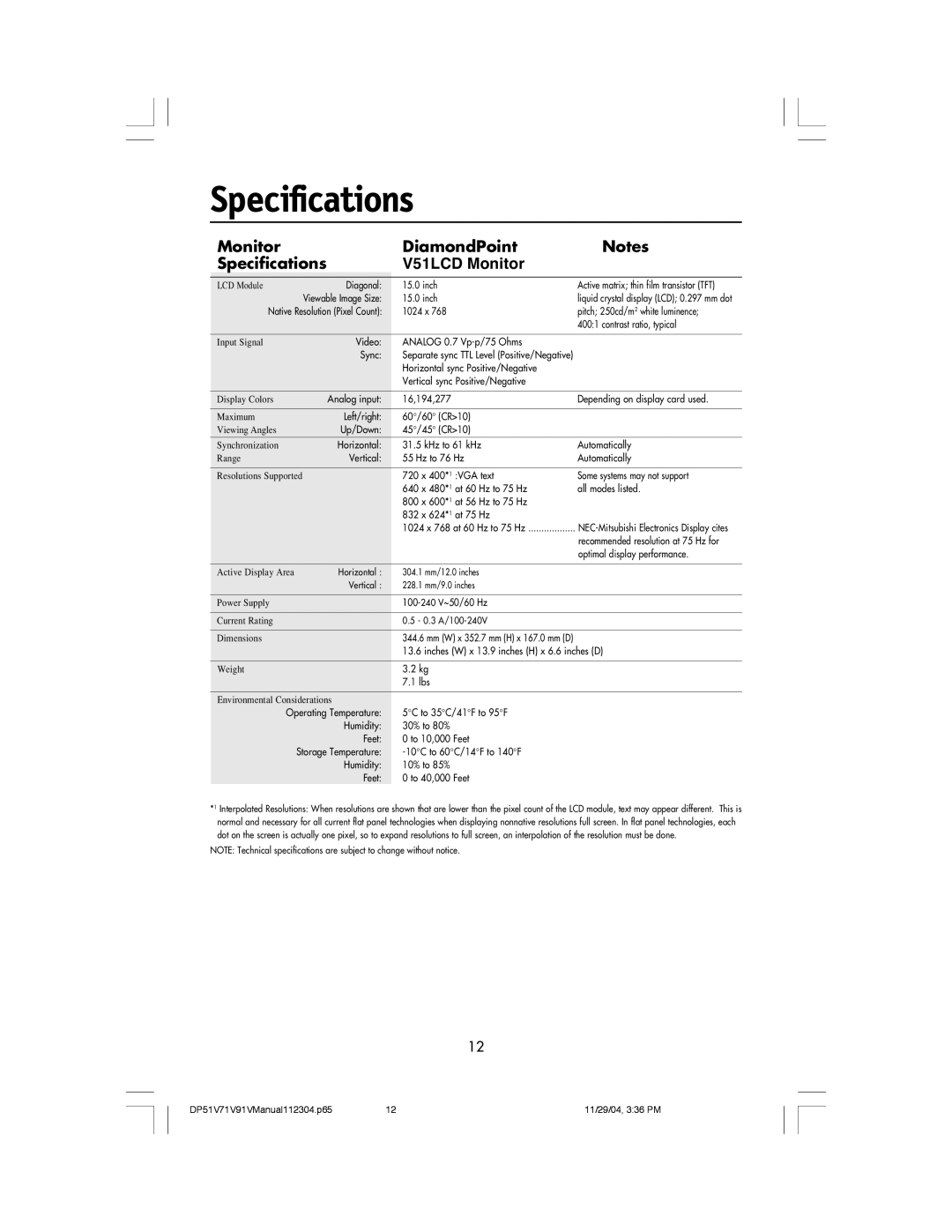 Mitsubishi Electronics V91LCD, V71LCD manual Specifications, DiamondPoint, V51LCD Monitor 