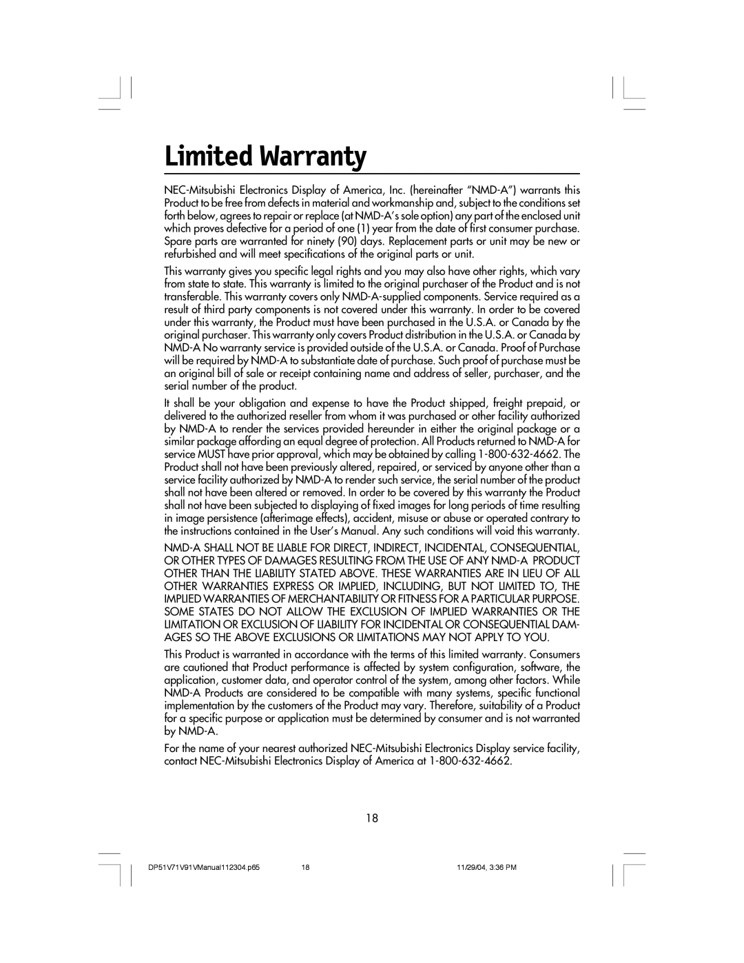 Mitsubishi Electronics V51LCD, V91LCD, V71LCD manual Limited Warranty 