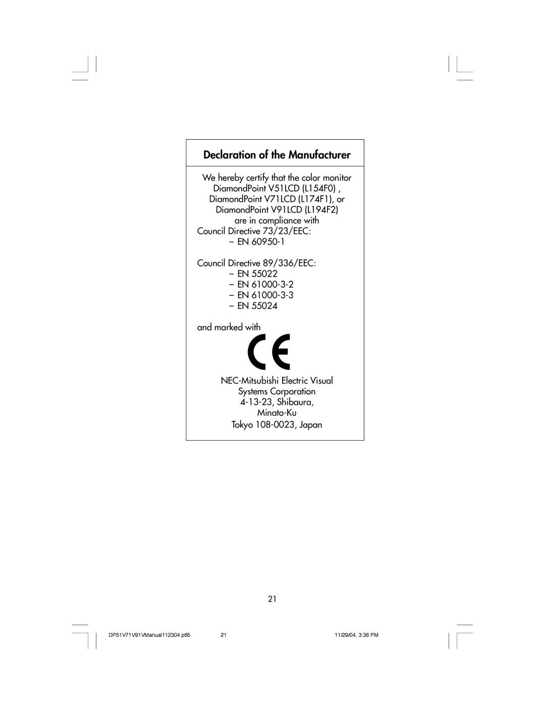 Mitsubishi Electronics V51LCD, V91LCD, V71LCD manual Declaration of the Manufacturer 