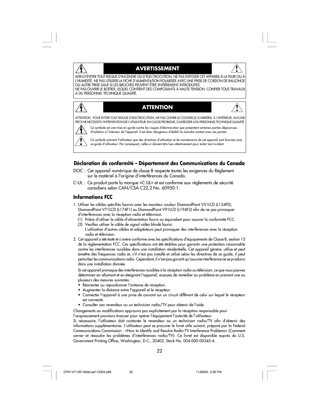 Mitsubishi Electronics V91LCD manual Déclaration de conformité - Département des Communications du Canada, Informations FCC 