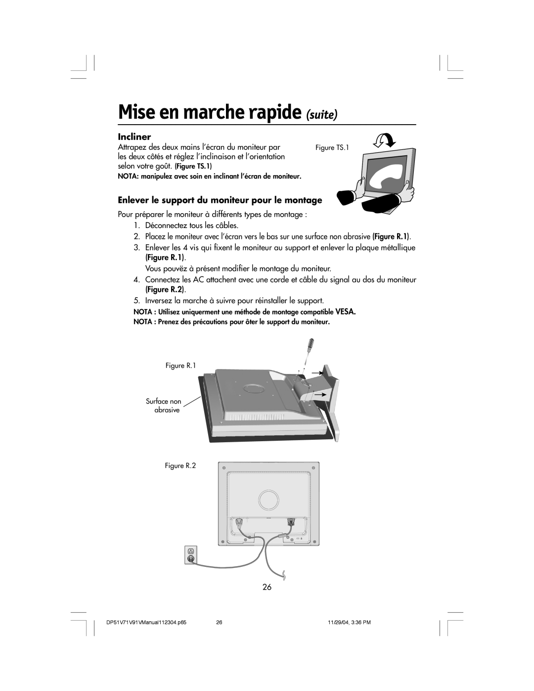 Mitsubishi Electronics V71LCD manual Incliner, Enlever le support du moniteur pour le montage, Mise en marche rapide suite 