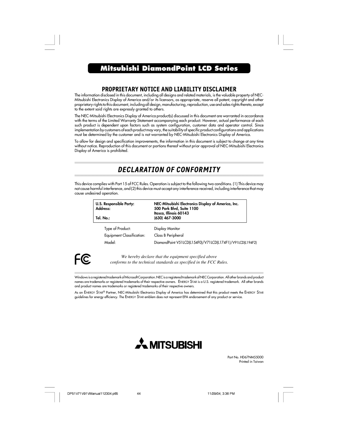 Mitsubishi Electronics V71LCD, V91LCD, V51LCD manual Declaration Of Conformity, Mitsubishi DiamondPoint LCD Series 