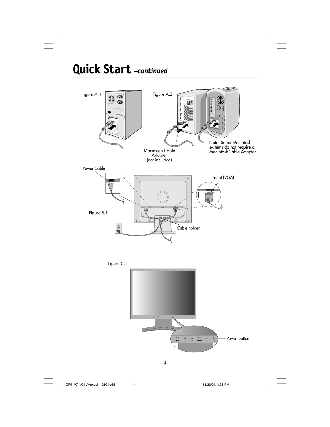 Mitsubishi Electronics V91LCD, V71LCD Quick Start -continued, Figure A.1, Macintosh Cable Adapter not included, Figure B.1 