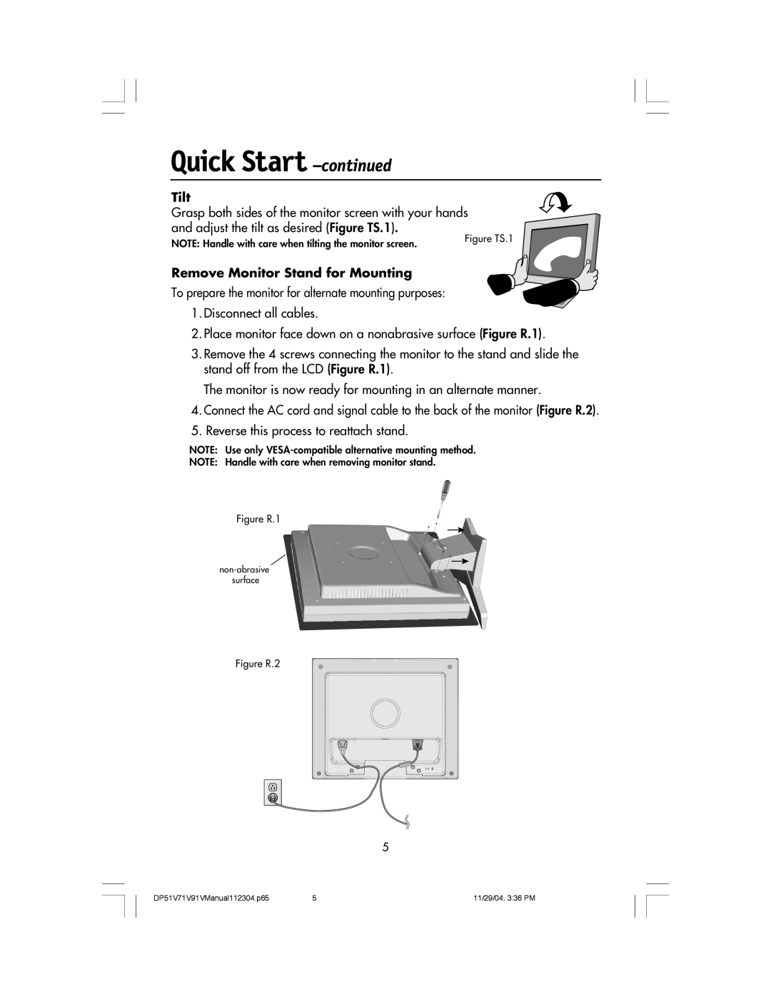 Mitsubishi Electronics V71LCD, V91LCD, V51LCD manual Tilt, Remove Monitor Stand for Mounting, Quick Start -continued 
