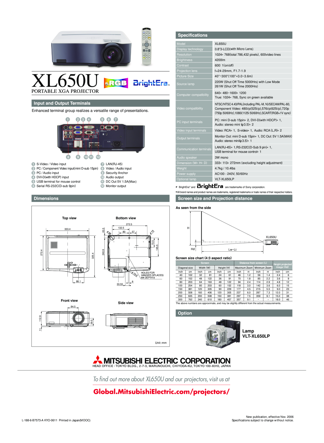 Mitsubishi Electronics VLT-XL650LP Enhanced terminal group realizes a versatile range of presentations, Option, Side view 