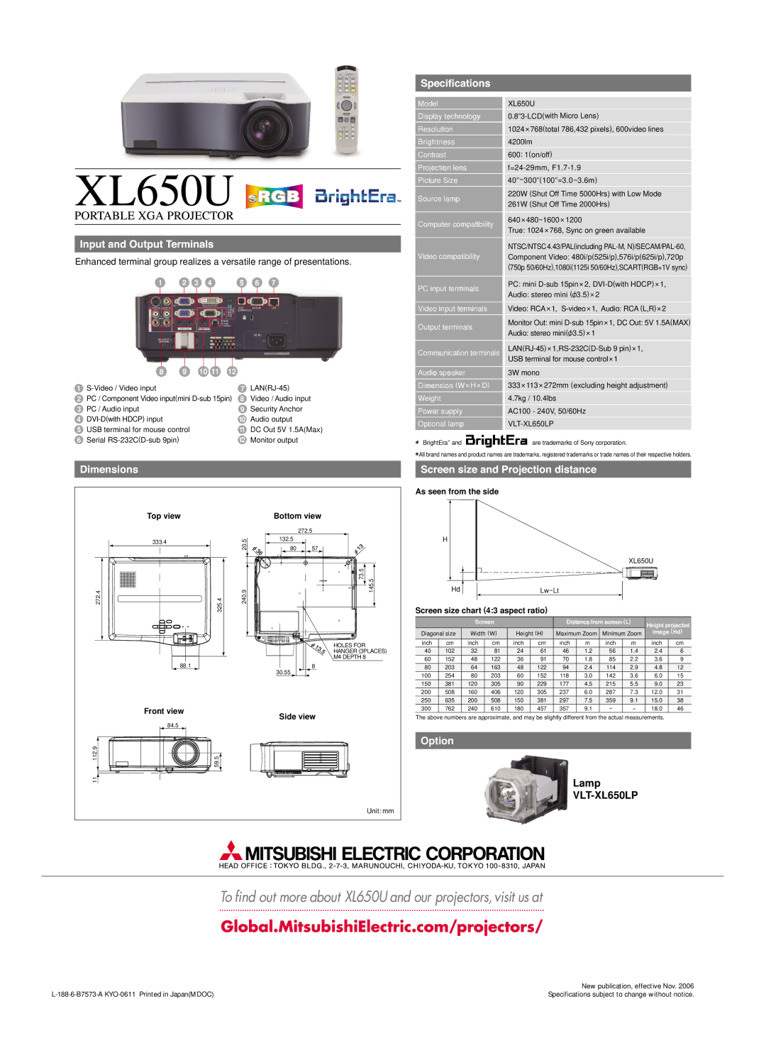 Mitsubishi Electronics VLT-XL650LP Bottom view, Side view, As seen from the side, Screen size chart 43 aspect ratio 