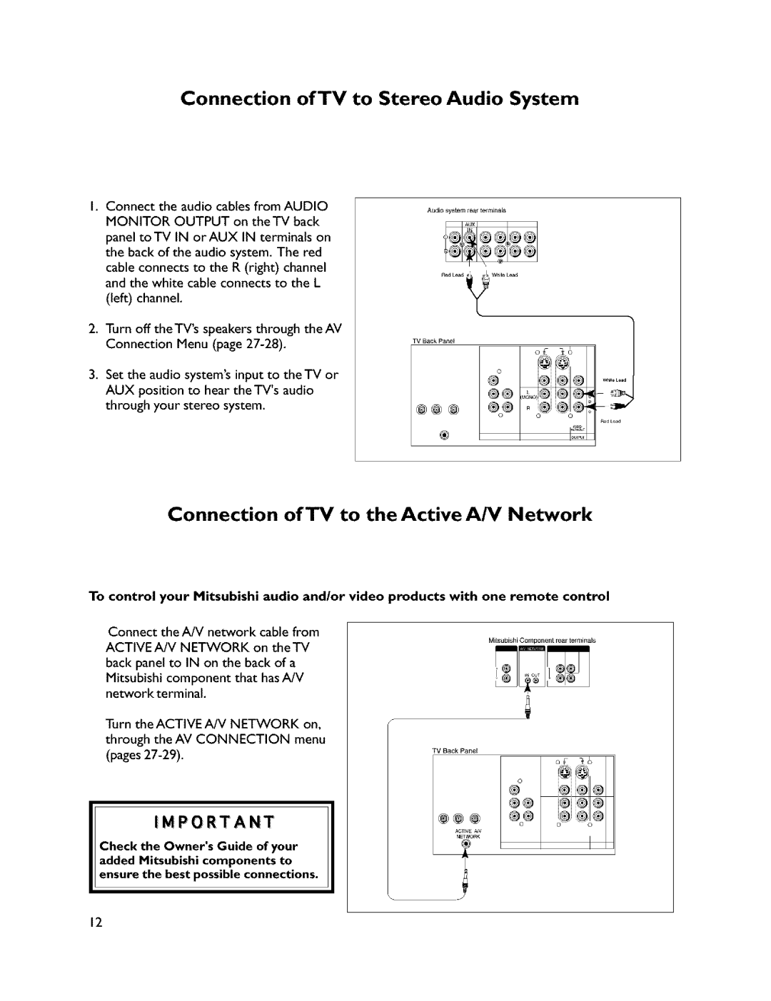 Mitsubishi Electronics VS-45607 manual Connection of TV to the Active A/V Network, Connection of TV to Stereo Audio System 