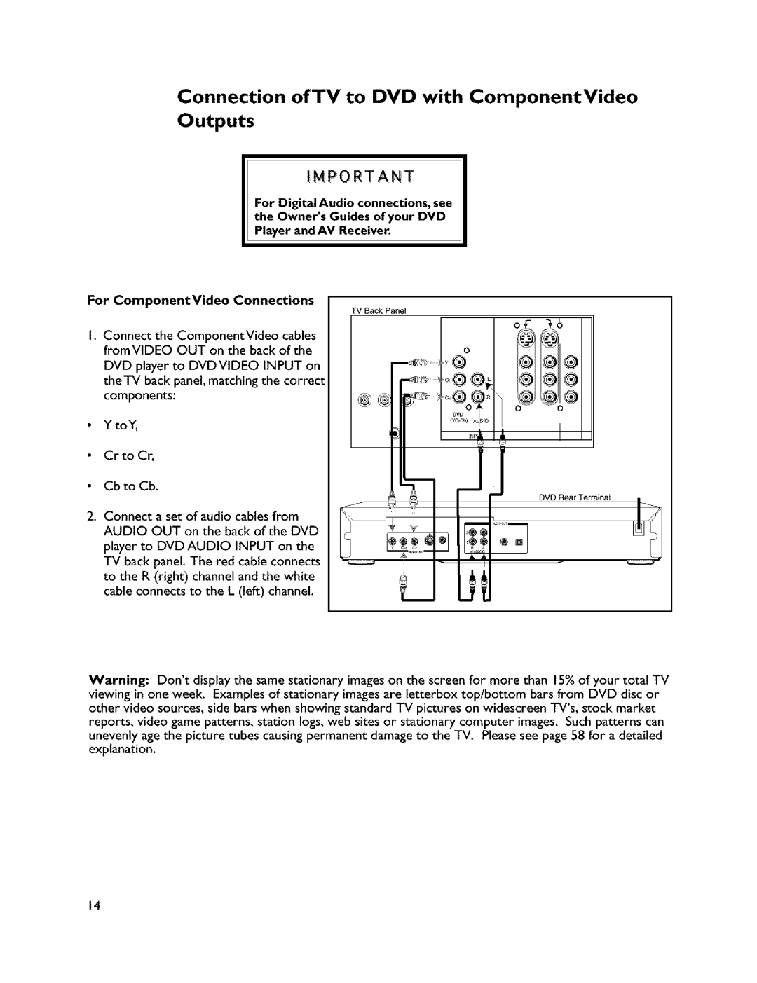 Mitsubishi Electronics VS-45607 manual Connection of TV to DVD with ComponentVideo, For ComponentVideo Connections 