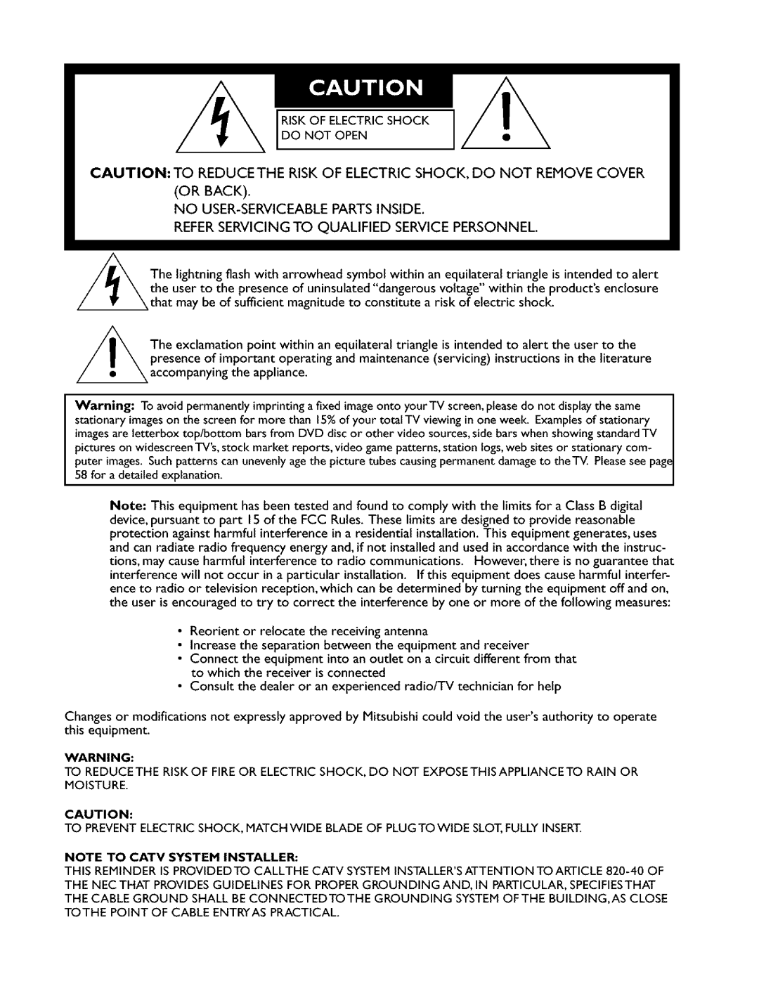 Mitsubishi Electronics VS-45607 manual Riskof Electric Shock Do not Open Or Back 