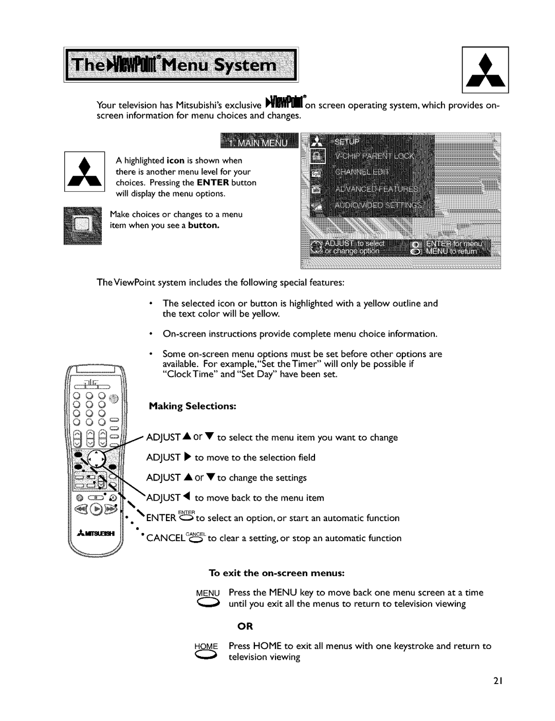 Mitsubishi Electronics VS-45607 manual Making Selections, To exit the on-screen menus 