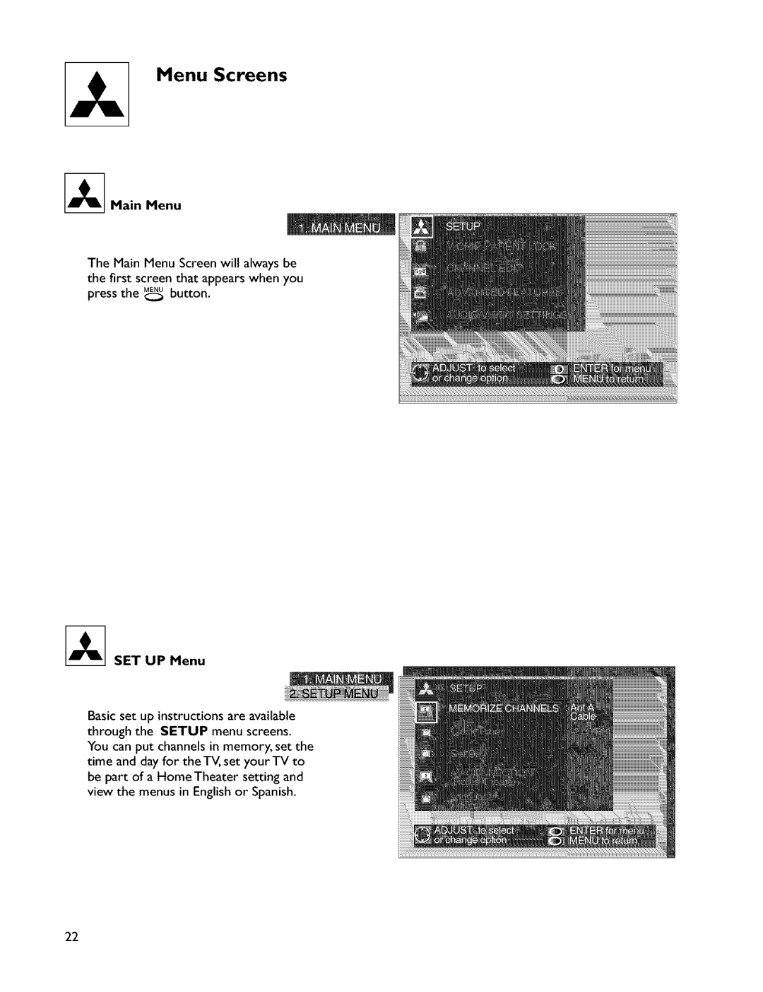 Mitsubishi Electronics VS-45607 manual Menu Screens, SETUPMenu 