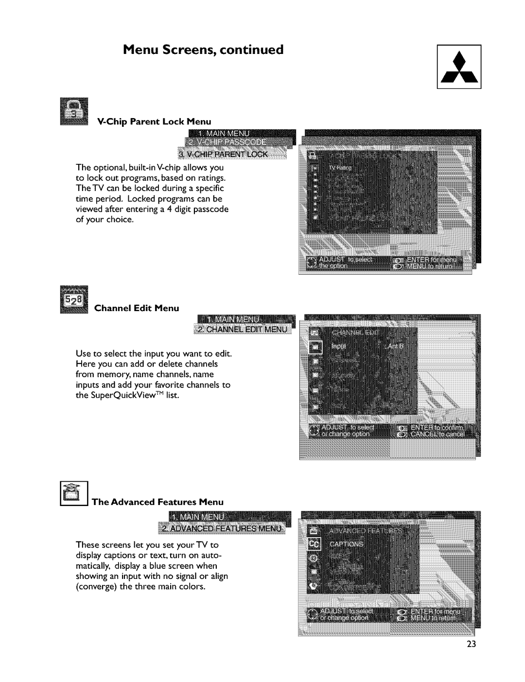 Mitsubishi Electronics VS-45607 manual Chip Parent Lock Menu, Channel Edit Menu, Advanced Features Menu 