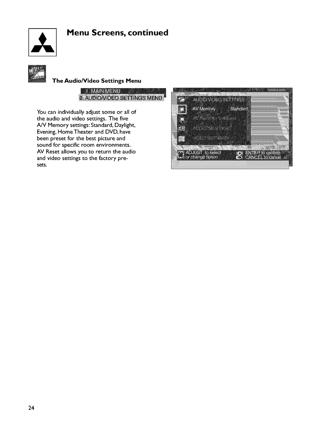 Mitsubishi Electronics VS-45607 manual Audio/Video Settings Menu 