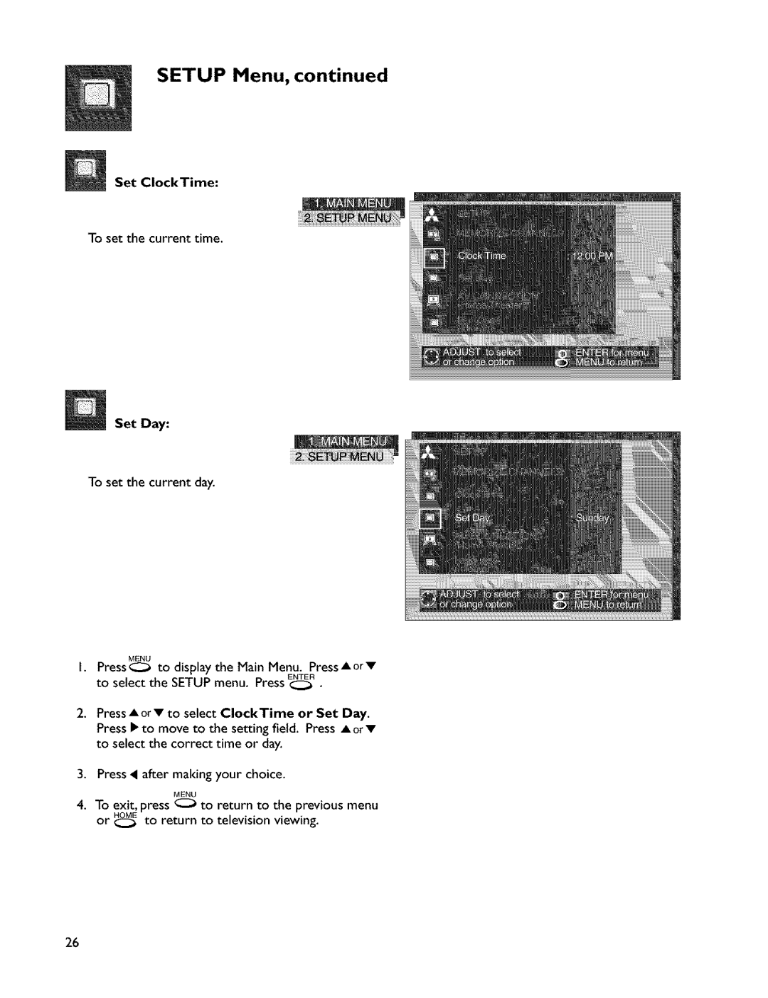 Mitsubishi Electronics VS-45607 manual Setup Menu, Set ClockTime, Set Day 