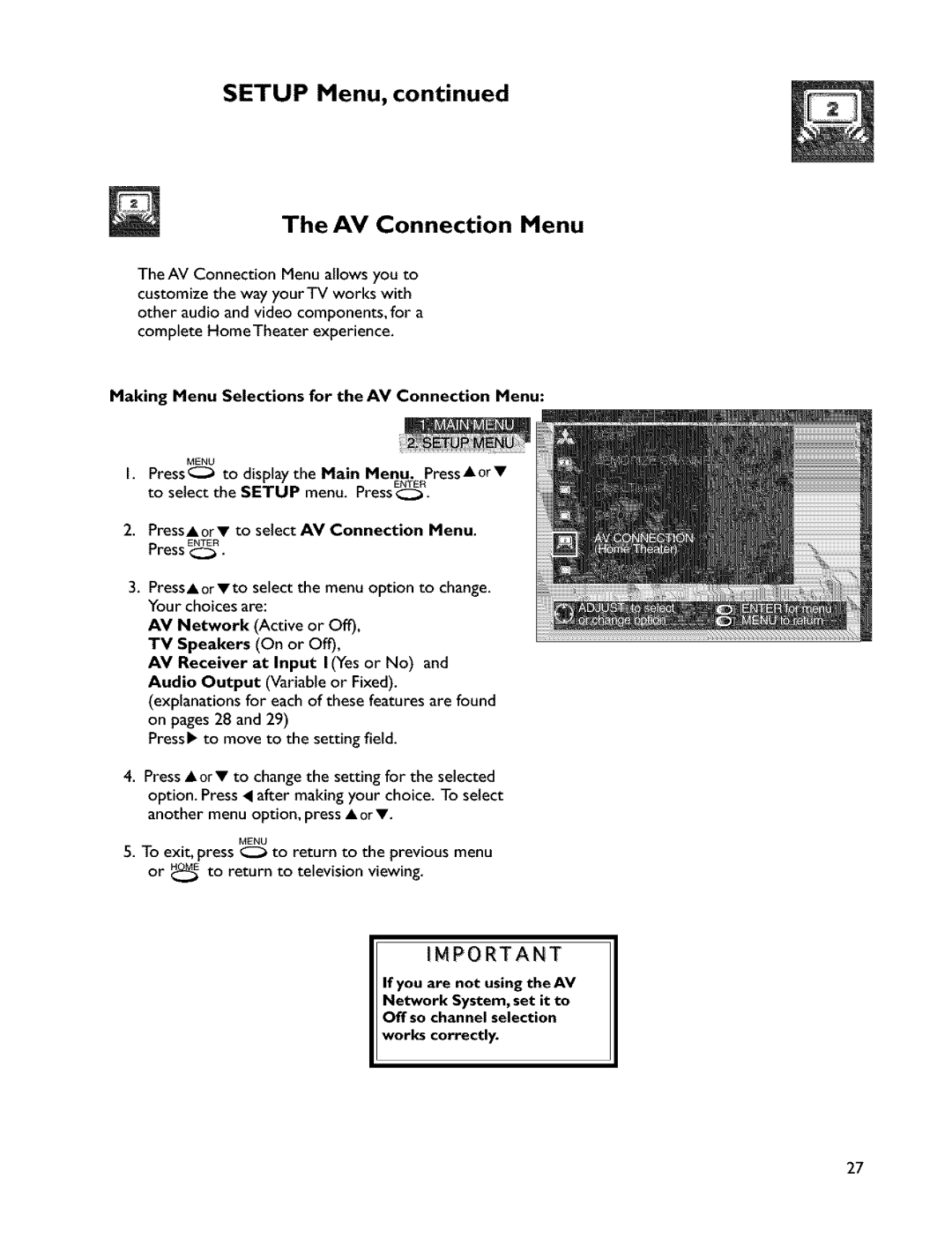 Mitsubishi Electronics VS-45607 manual Setup Menu AV Connection Menu, Making Menu Selections for the AV Connection Menu 