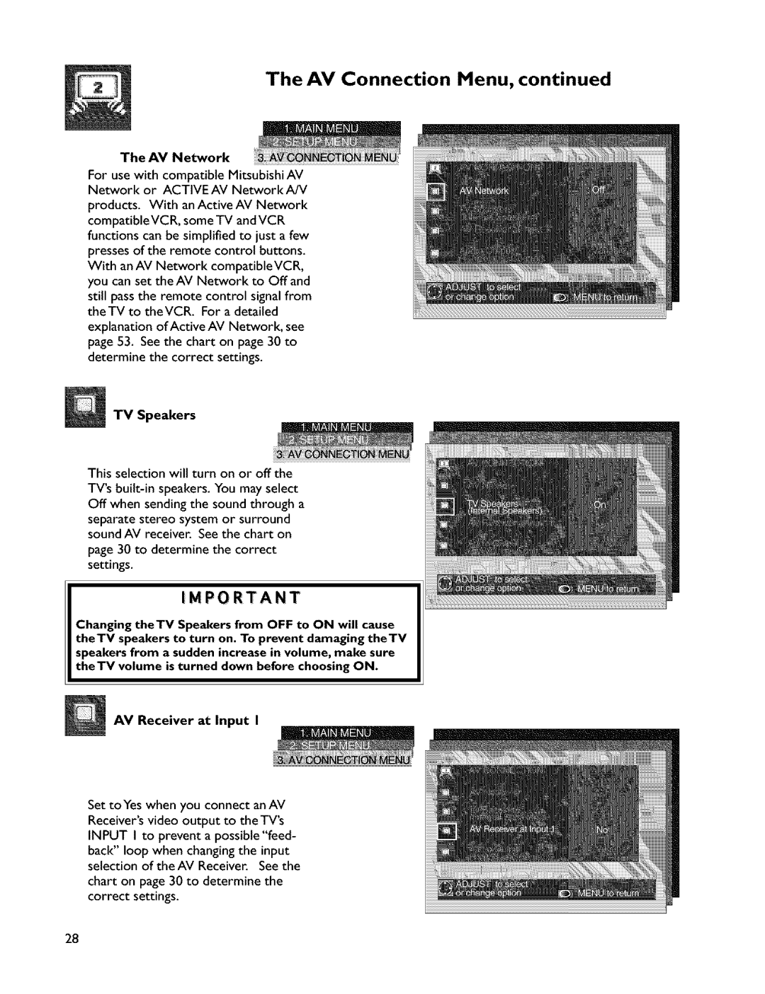 Mitsubishi Electronics VS-45607 manual AV Connection Menu, AV Network, TV Speakers, AV Receiver at Input 