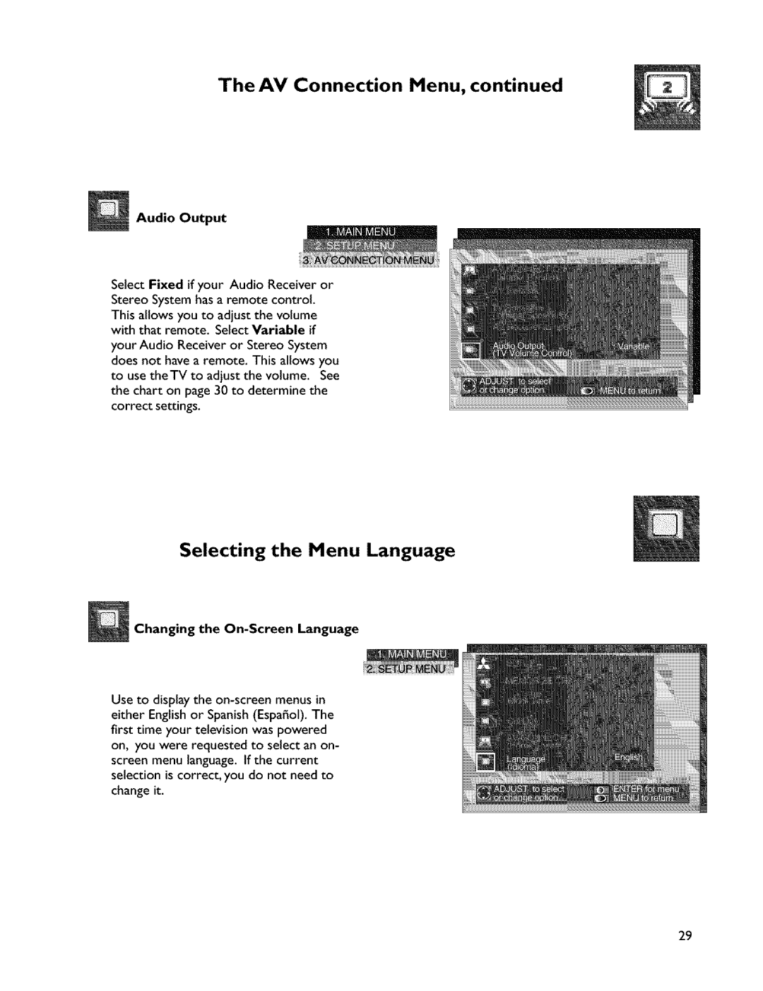 Mitsubishi Electronics VS-45607 manual Selecting the Menu Language, Audio Output, Changing the On-ScreenLanguage 