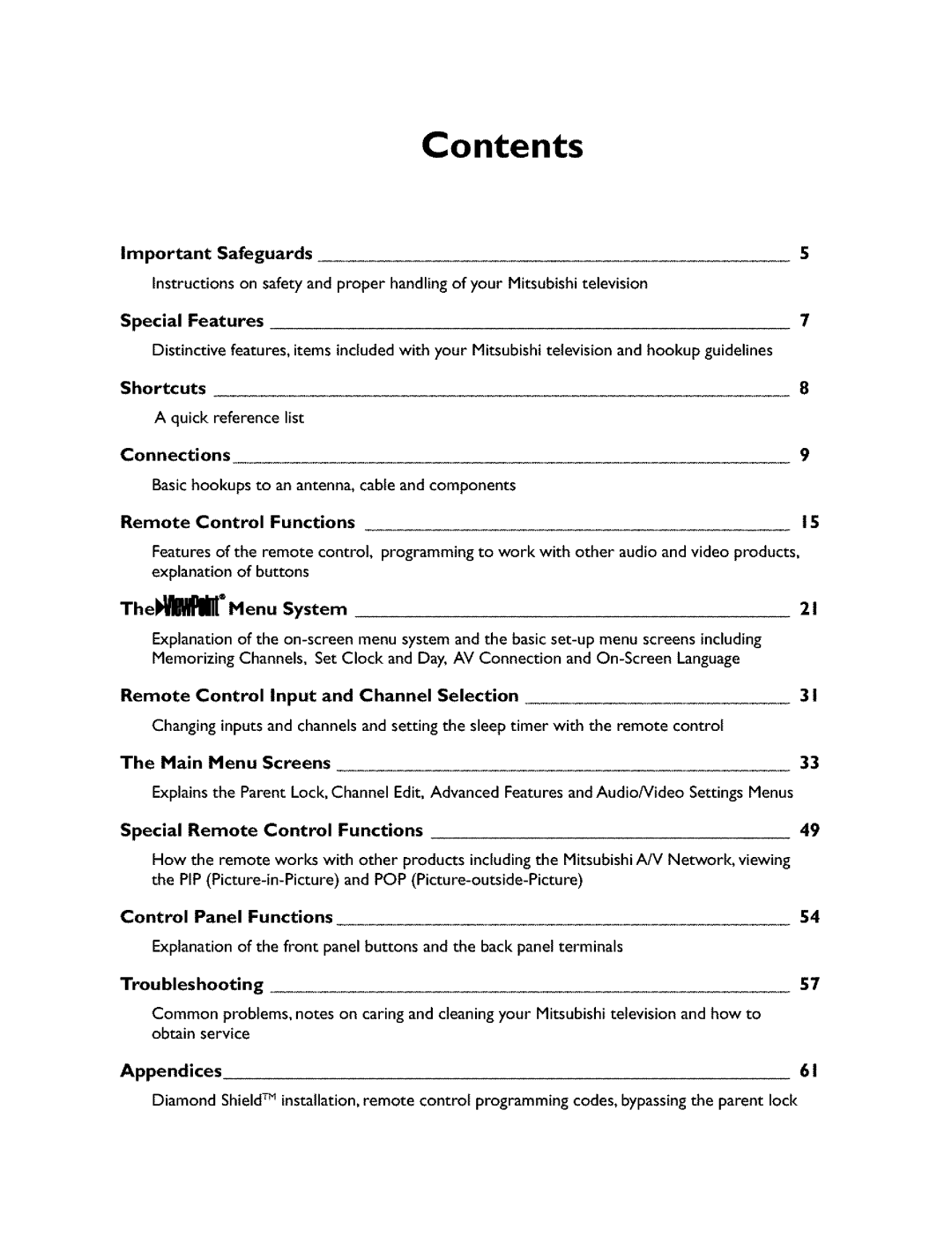 Mitsubishi Electronics VS-45607 manual Contents 