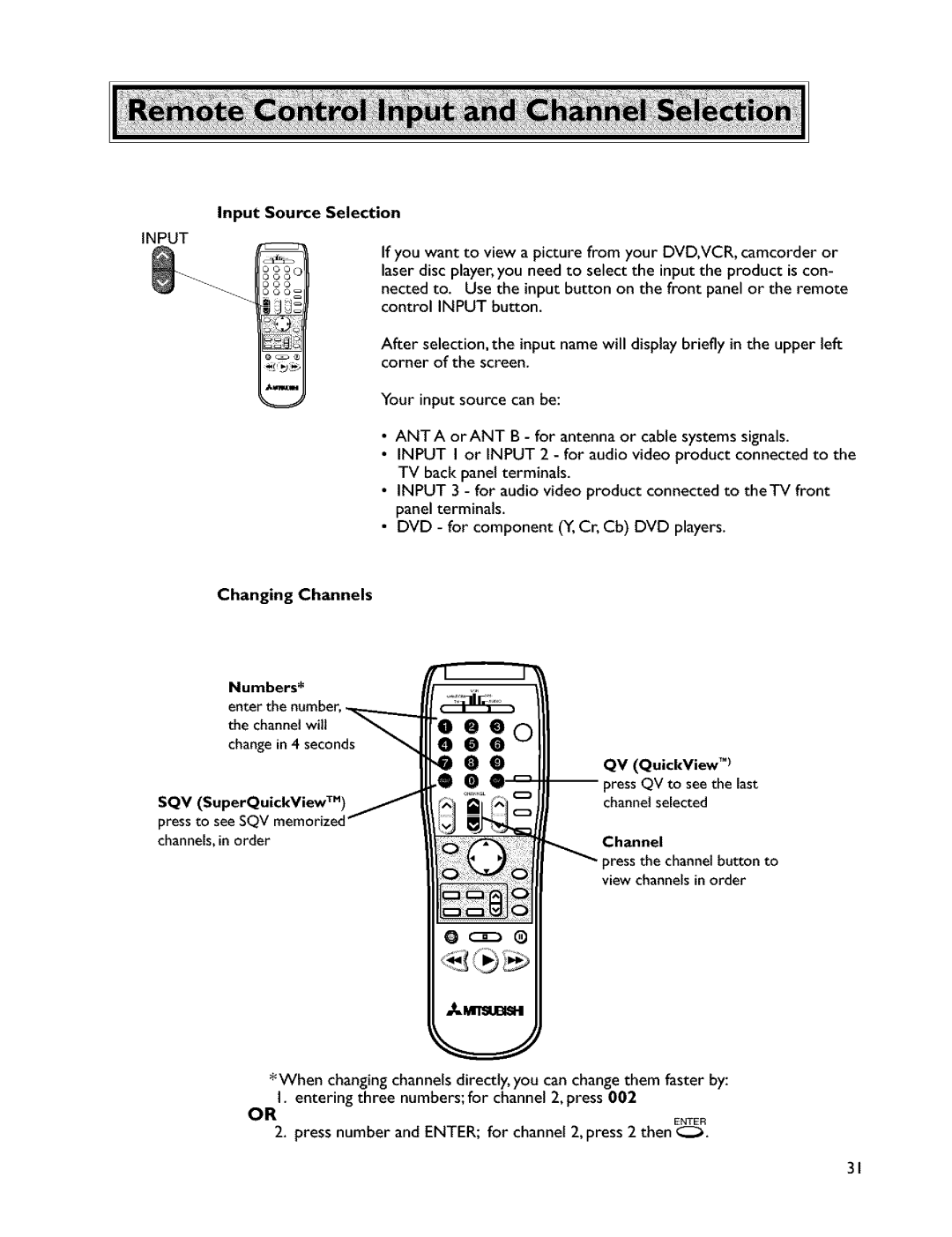 Mitsubishi Electronics VS-45607 manual Input Source Selection, Changing Channels 