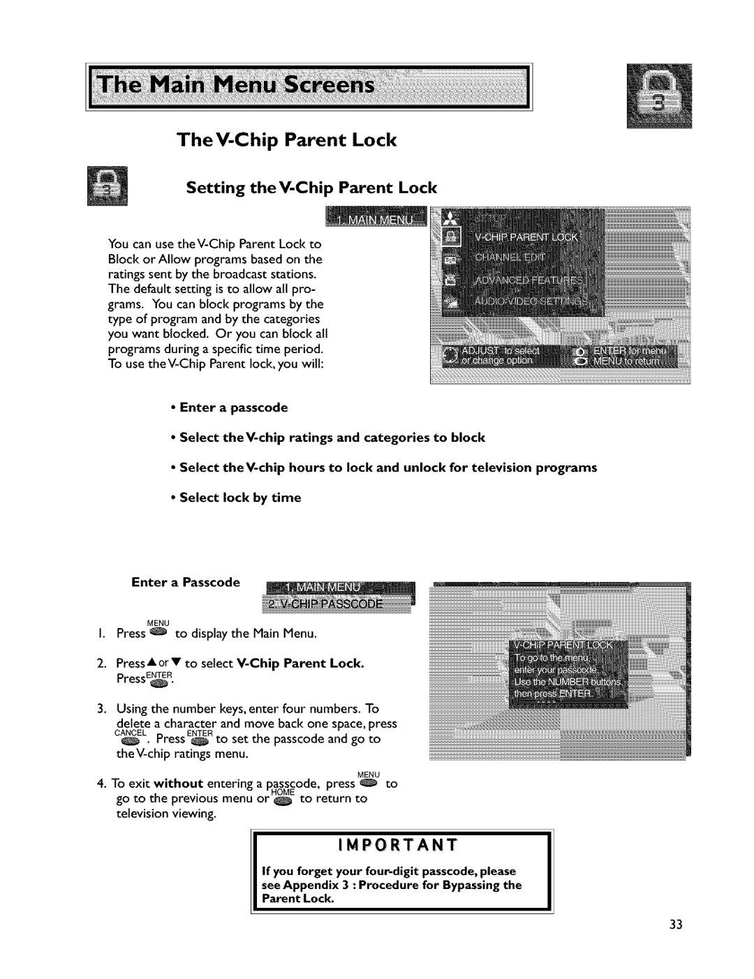 Mitsubishi Electronics VS-45607 manual TheV-Chip Parent Lock, Go to the previous menu or to return to television viewing 