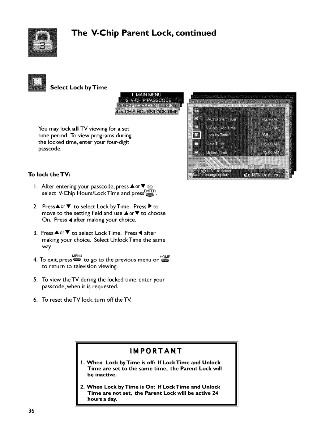 Mitsubishi Electronics VS-45607 manual V-Chip Parent Lock, Select Lock byTime, To lock theTV 