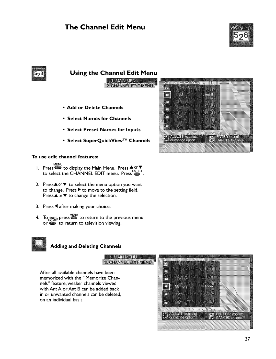 Mitsubishi Electronics VS-45607 manual Channel Edit Menu, Adding and Deleting Channels 