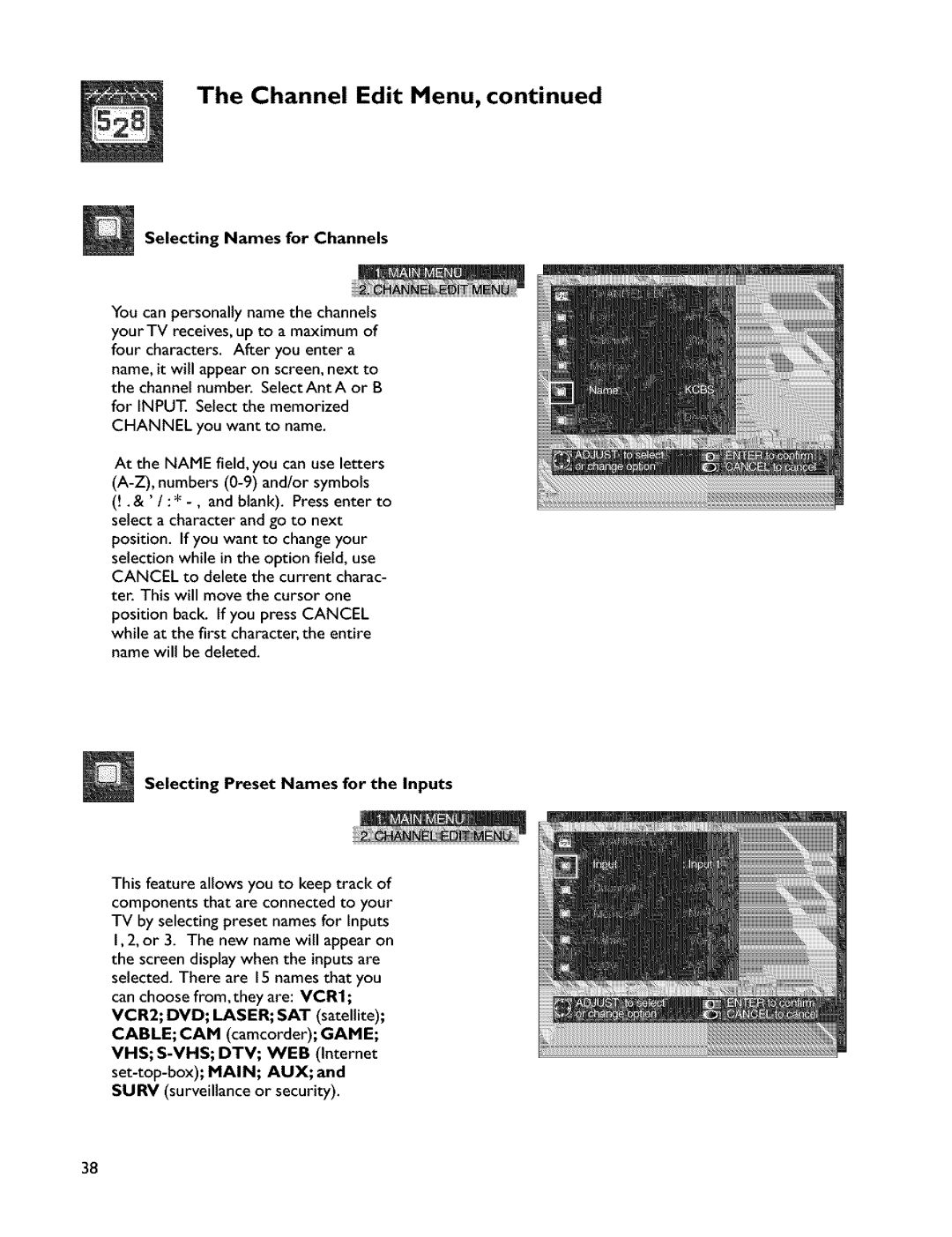 Mitsubishi Electronics VS-45607 manual Selecting Names for Channels, Selecting Preset Names for the Inputs 