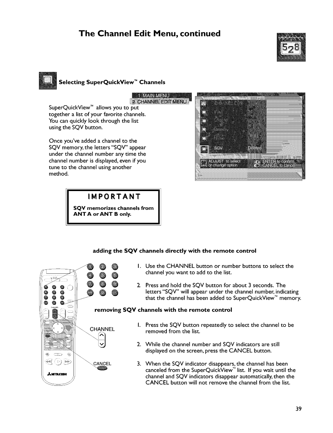 Mitsubishi Electronics VS-45607 manual Selecting SuperQuickView TM Channels, SQV channels with the remote control 