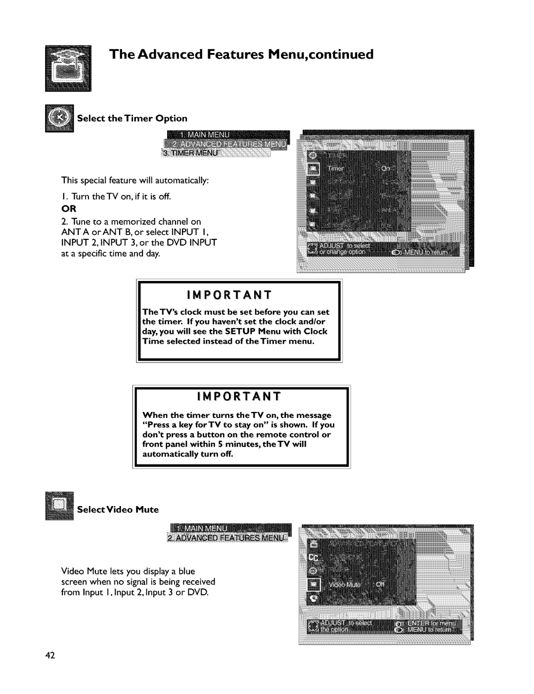 Mitsubishi Electronics VS-45607 manual Select the Timer Option, Select Video Mute 